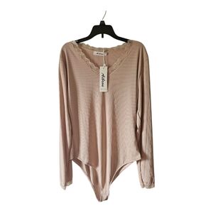 Aibrou Ribbed Long Sleeve Lace Trimmed Bodysuit Size XL